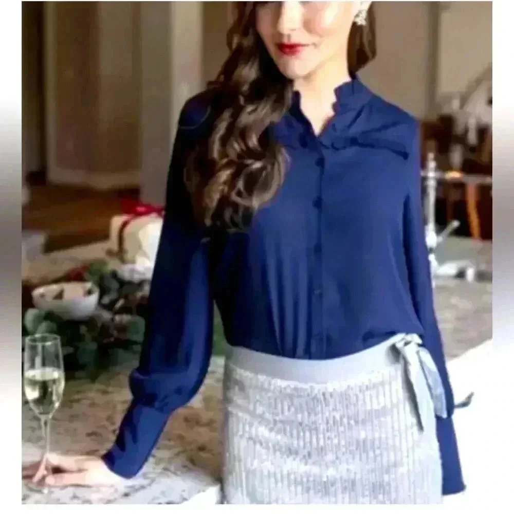 Evy's Tree The Madison Navy Blue Ruffle Long Sleeve Blouse Shirt Size M New